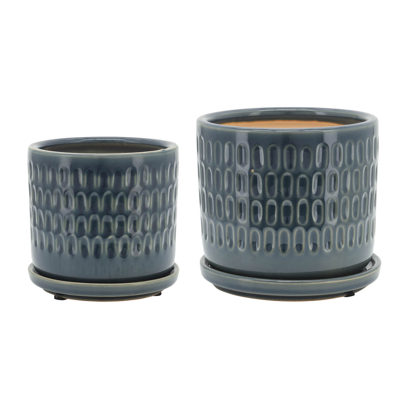 S/2 5/6" HAMMERED PLANTERS W/ SAUCER, BLUE