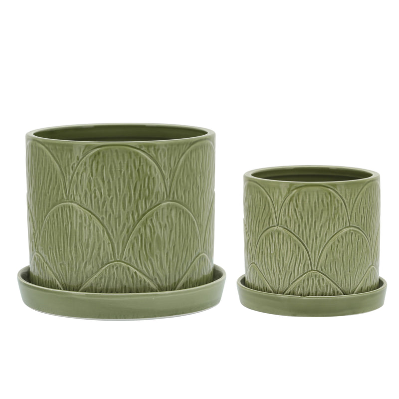 S/2 SHELL PLANTERS W/ SAUCER 6/8", GREEN