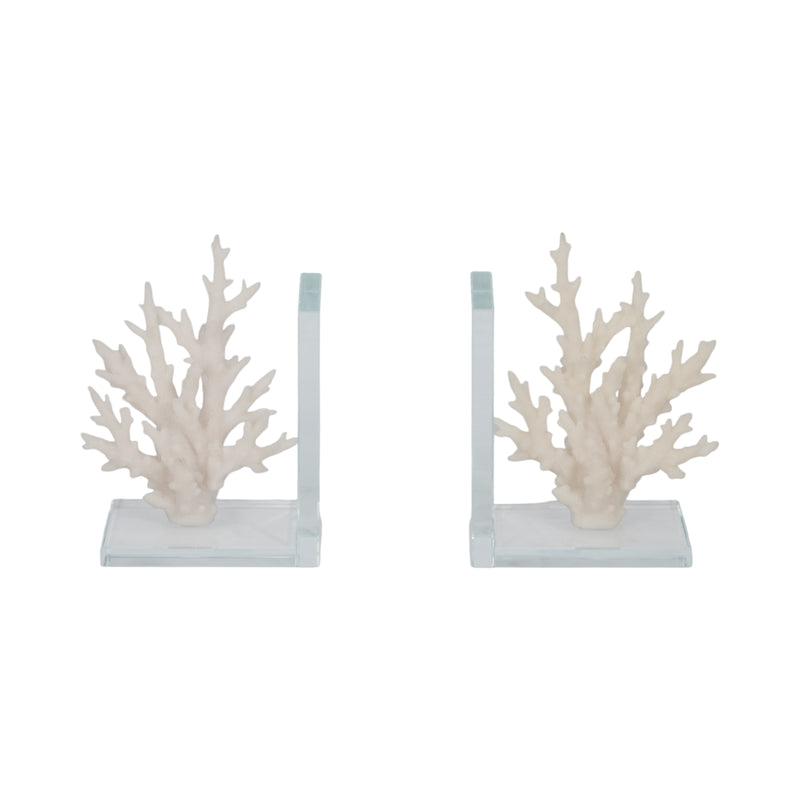 7" Coral On Glass Bookends, White