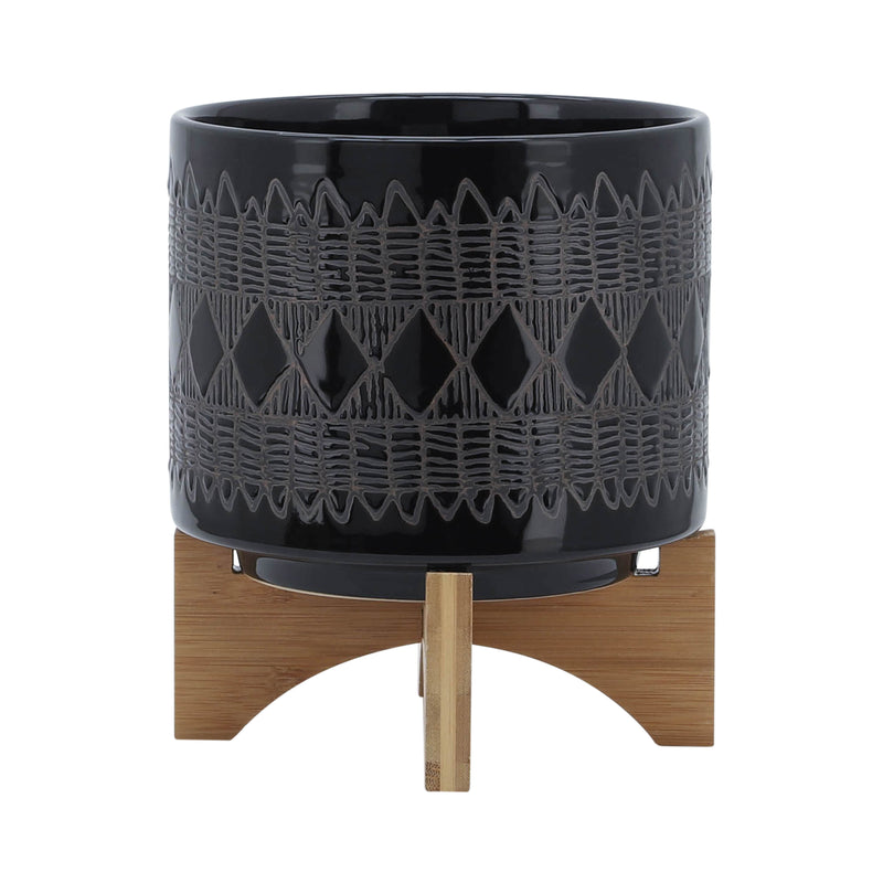 CERAMIC 8" AZTEC PLANTER ON WOODEN STAND, BLACK