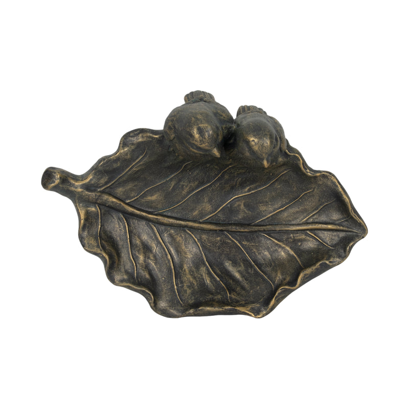 14" 2 Birds Perched On Leaf Birdfeeder, Bronze