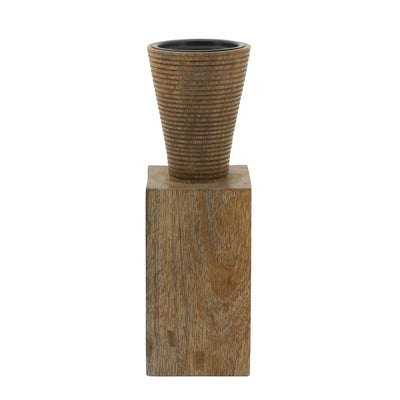 Wood, 11"H, Geometric Candle Holder, Brown | 16370-02