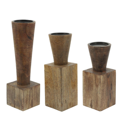 Wood, 11"H, Geometric Candle Holder, Brown | 16370-02