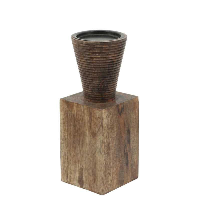 WOOD, 10"H, GEOMETRIC CANDLE HOLDER, BROWN