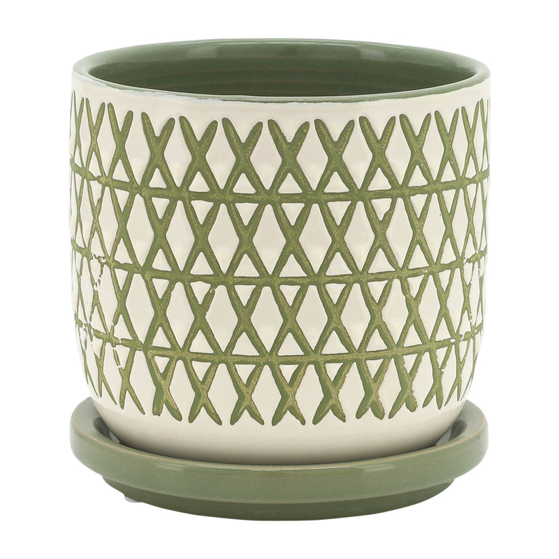 CER, 5" X-PLANTER W/ SAUCER, OLIVE