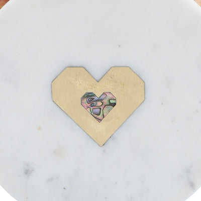 MARBLE/WOOD, 5X5 ROUND BOX-HEART, WHITE