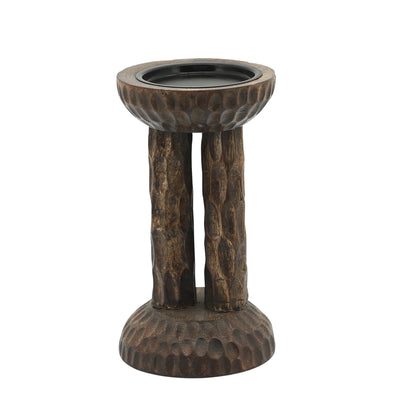 WOOD, 8"H HAMMERED CANDLE HOLDER, BROWN