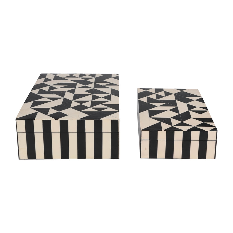 Resin, S/2 10/12" Harlequin Boxes, Black/White