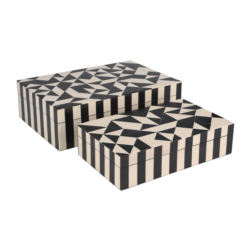 Resin, S/2 10/12" Harlequin Boxes, Black/White