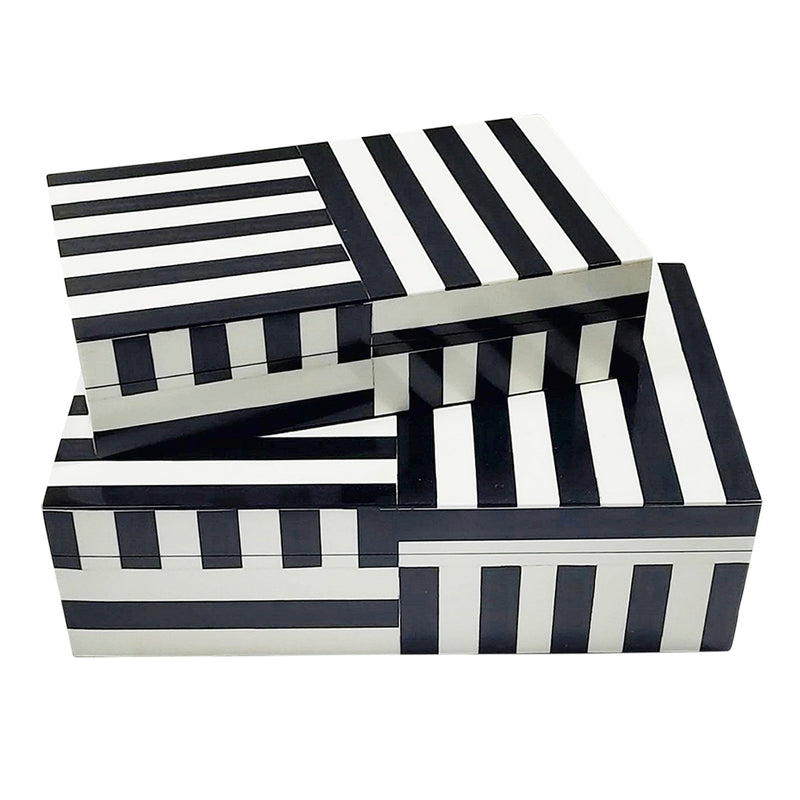 RESIN, S/2 10/12" STRIPED BOXES, BLACK/WHITE