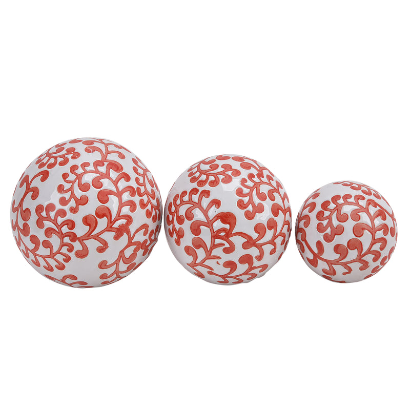 CER, S/3 FERN ORBS, 4/5/6" WHITE/RED