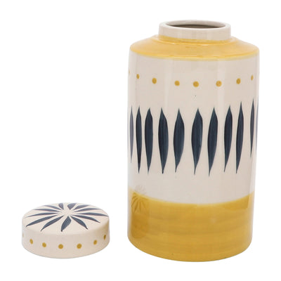 CER, 10"H TRIBAL JAR W/ LID, YELLOW