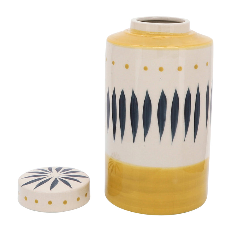 CER, 10"H TRIBAL JAR W/ LID, YELLOW