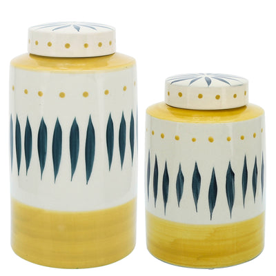 CER, 10"H TRIBAL JAR W/ LID, YELLOW