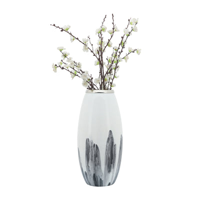 Glass, 18"H Vase W/ Metal Ring, White