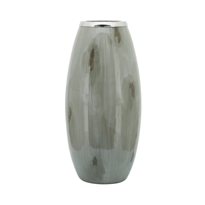 GLASS, 18"H VASE W/ METAL RING, TAUPE