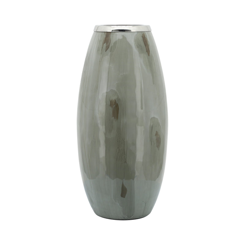 GLASS, 18"H VASE W/ METAL RING, TAUPE