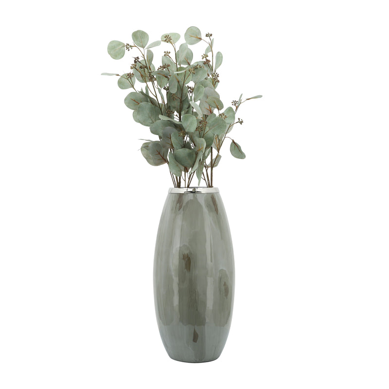 GLASS, 18"H VASE W/ METAL RING, TAUPE