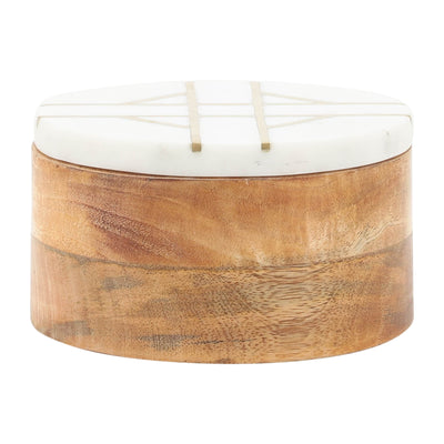 WOOD, 6"D ROUND BOX WITH WHITE MARBL