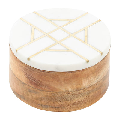 WOOD, 6"D ROUND BOX WITH WHITE MARBL