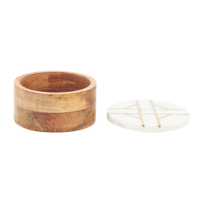 WOOD, 6"D ROUND BOX WITH WHITE MARBL