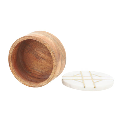 WOOD, 6"D ROUND BOX WITH WHITE MARBL