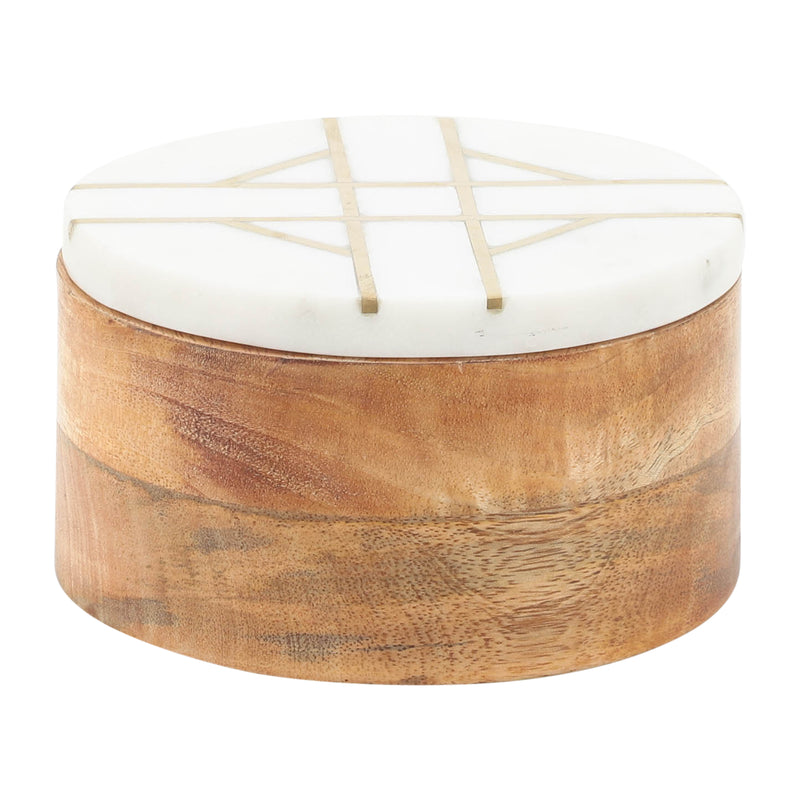 WOOD, 6"D ROUND BOX WITH WHITE MARBL