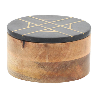 WOOD, 6"D ROUND BOX WITH BLACK MARBL