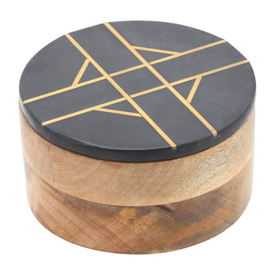 WOOD, 6"D ROUND BOX WITH BLACK MARBL