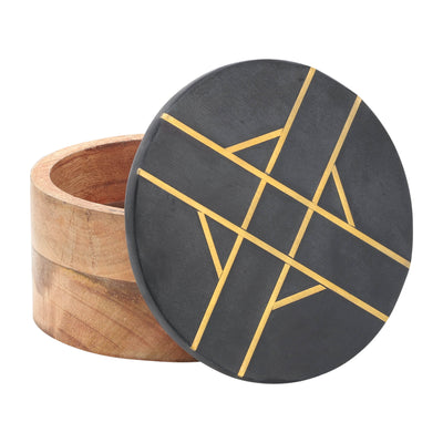 WOOD, 6"D ROUND BOX WITH BLACK MARBL