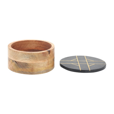 WOOD, 6"D ROUND BOX WITH BLACK MARBL