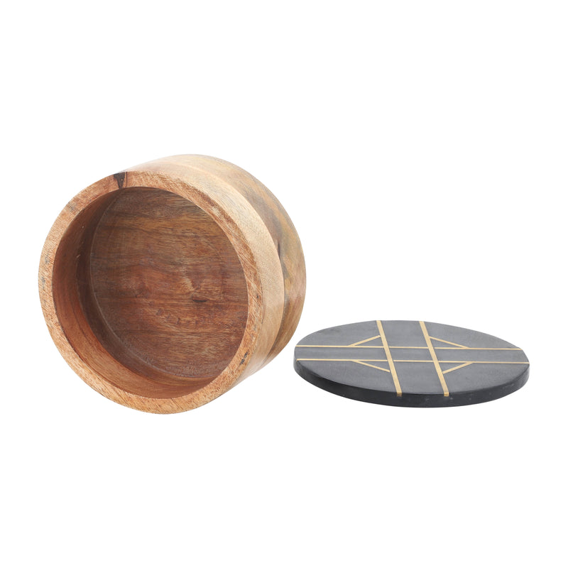 WOOD, 6"D ROUND BOX WITH BLACK MARBL