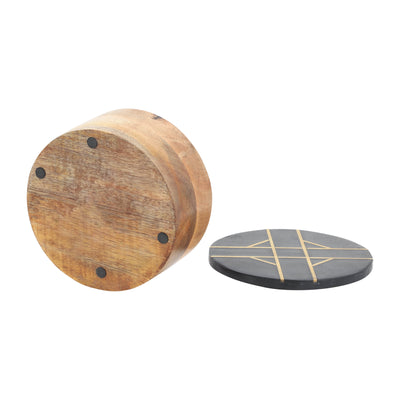 WOOD, 6"D ROUND BOX WITH BLACK MARBL