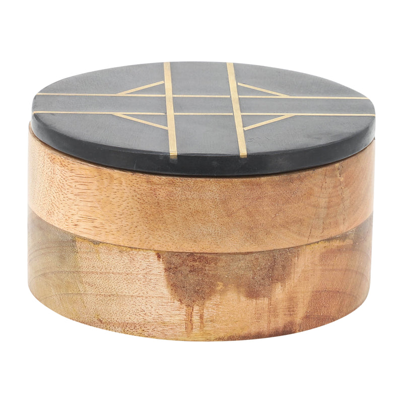 WOOD, 6"D ROUND BOX WITH BLACK MARBL