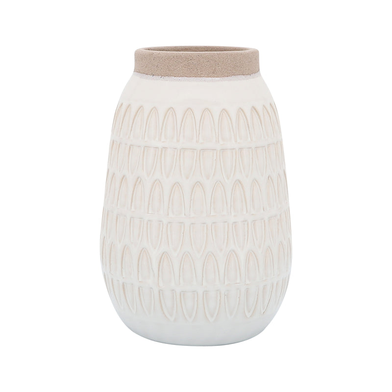 CER, 8"H CARVED VASE, BEIGE