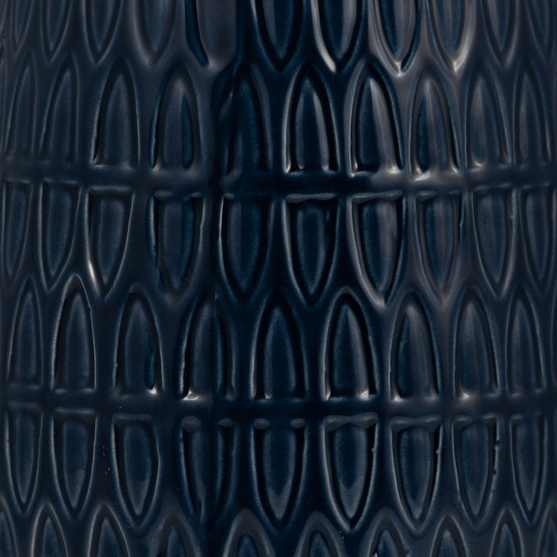 CER, 10"H CARVED VASE, NAVY BLUE