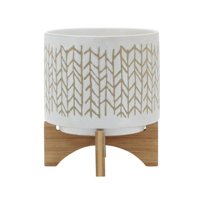 8" CHEVRON PLANTER W/ WOOD STAND, BEIGE