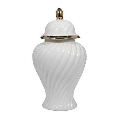 Cer, 20" Swirl Temple Jar, White/gold