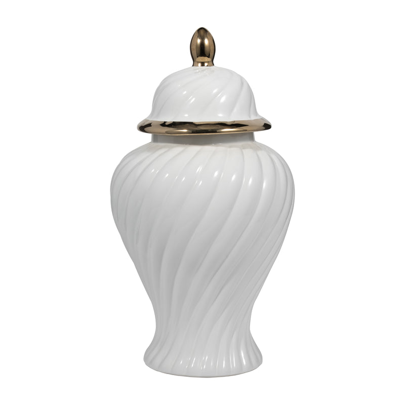 Cer, 20" Swirl Temple Jar, White/gold