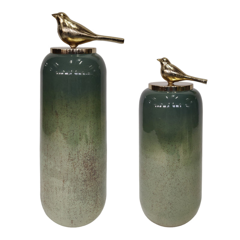 S/2 18/22"finch Glass Bottles W/bird Metal Top,grn