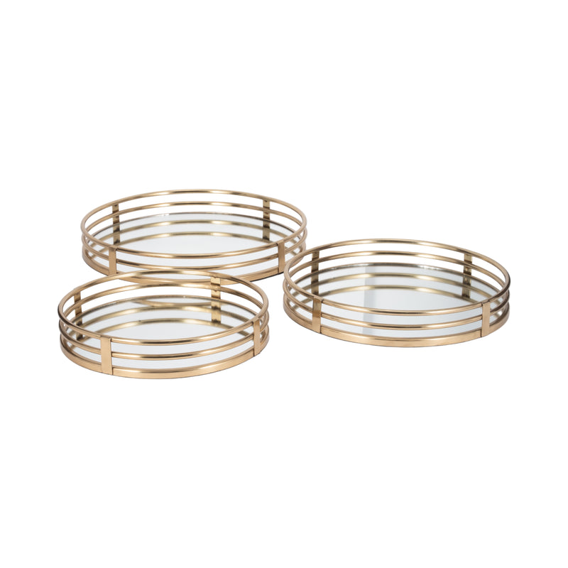 METAL, S/3 14/16/18" ROUND MIRRORED TRAYS, GOLD