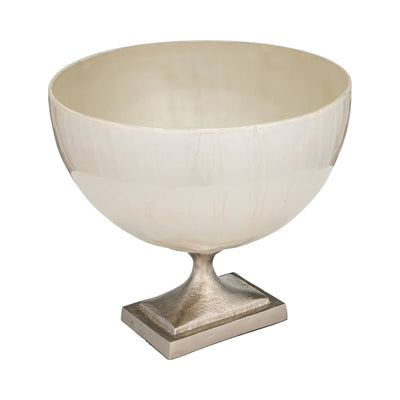 GLASS, 9" BOWL W/ METAL STAND, PEARL WHITE