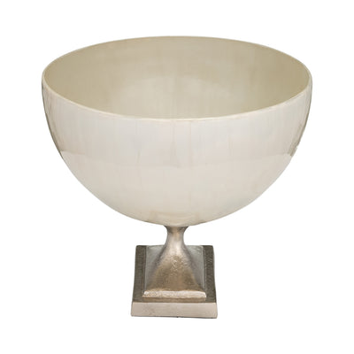 GLASS, 9" BOWL W/ METAL STAND, PEARL WHITE