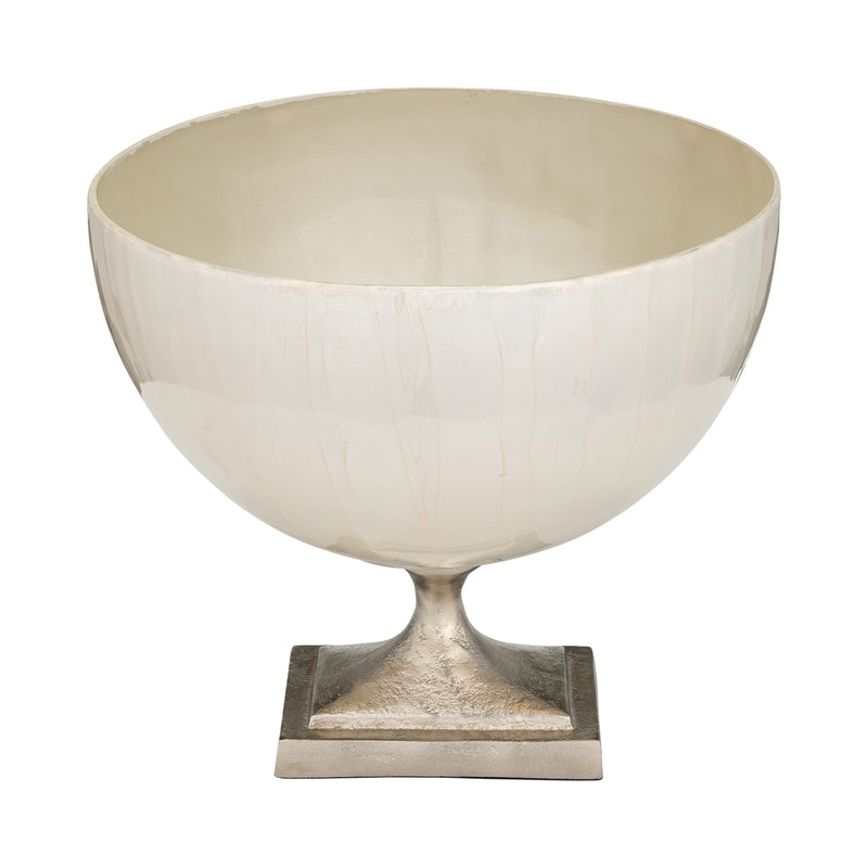 GLASS, 9" BOWL W/ METAL STAND, PEARL WHITE