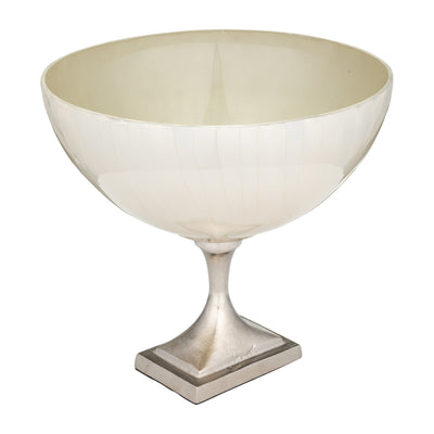 GLASS, 11" BOWL W/ METAL STAND, PEARL WHITE