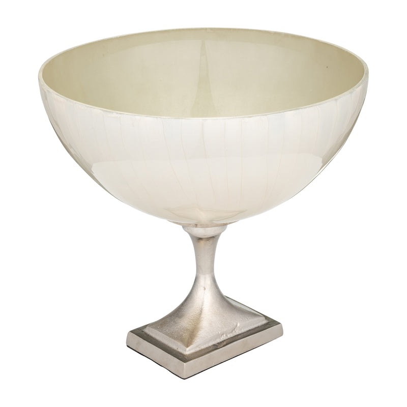 GLASS, 11" BOWL W/ METAL STAND, PEARL WHITE