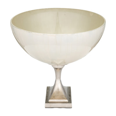 GLASS, 11" BOWL W/ METAL STAND, PEARL WHITE