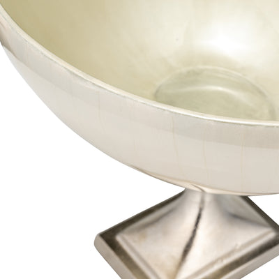 GLASS, 11" BOWL W/ METAL STAND, PEARL WHITE