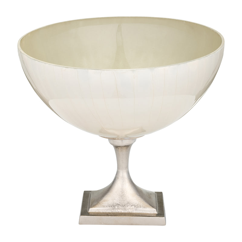 GLASS, 11" BOWL W/ METAL STAND, PEARL WHITE