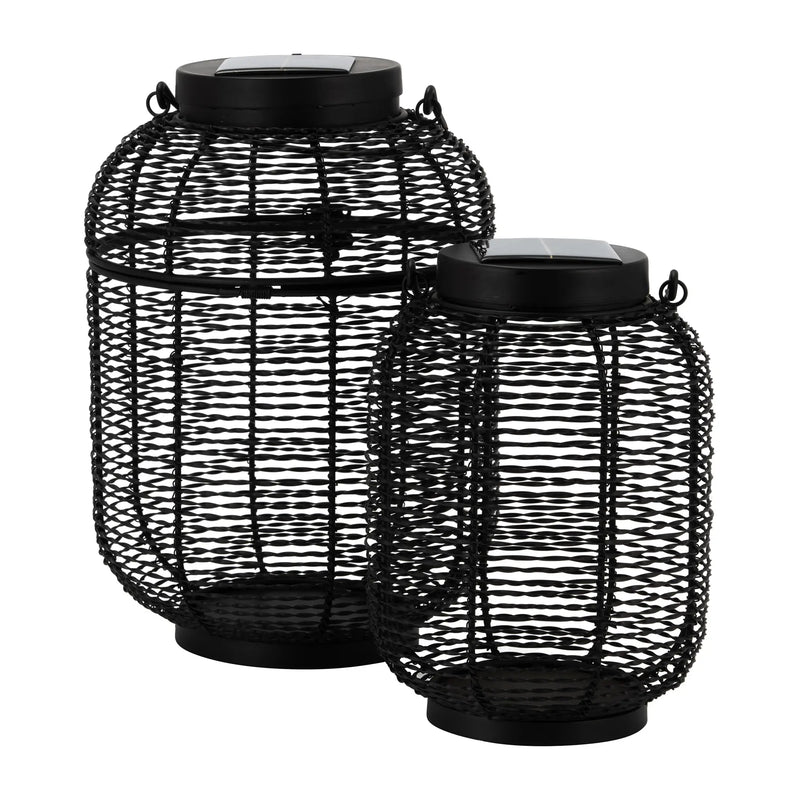 METAL,S/2 9/15"H,ROUND SOLAR LANTERN,BLACK